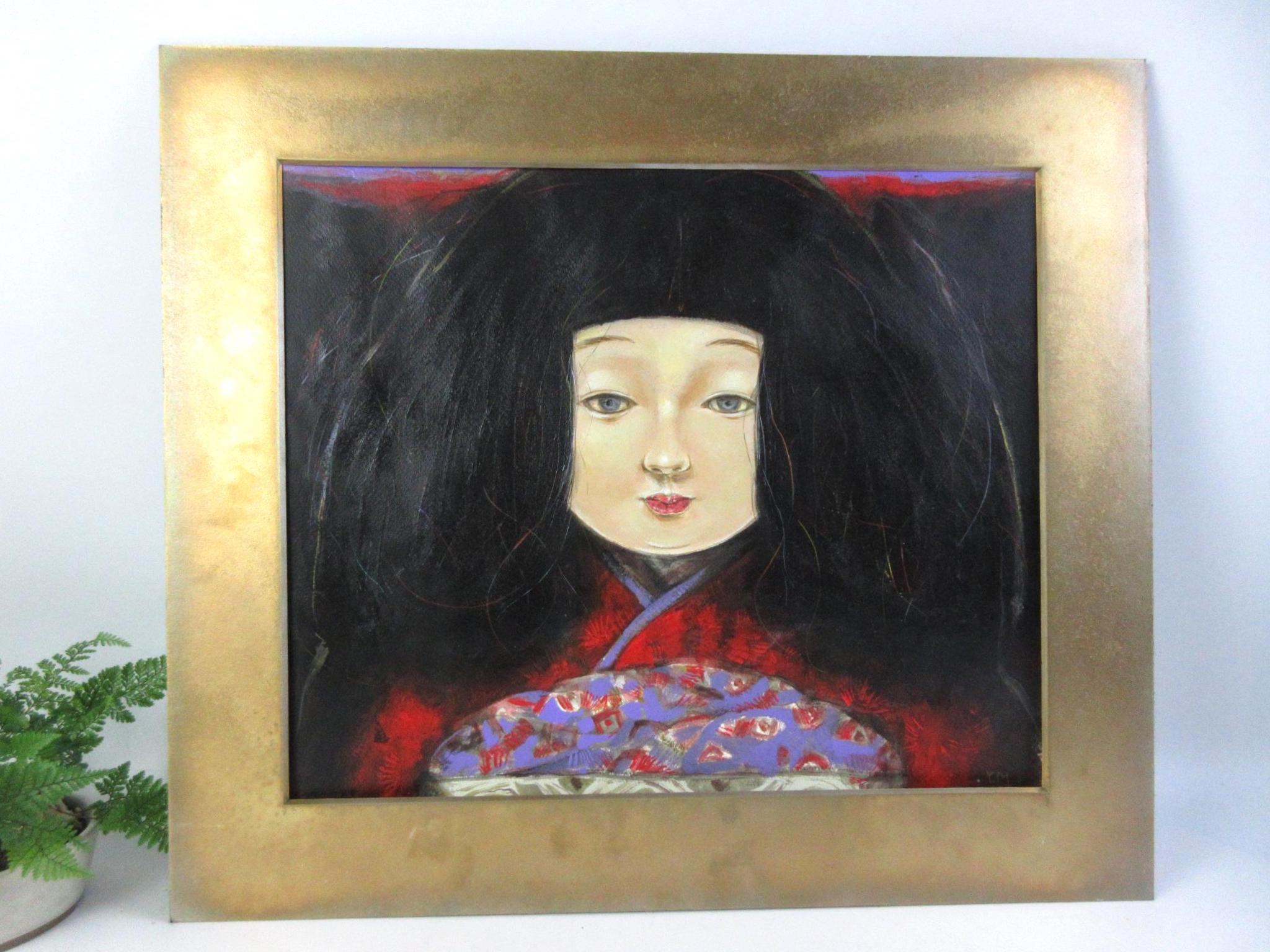 Japans vintage schilderij, acrylschilderij op papier, met fotolijst