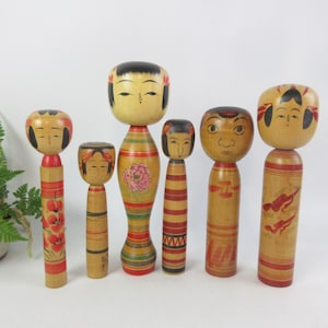 Japanese Vintage traditional Kokeshi Dolls, set of 6, RefC