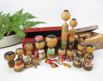 Vintage Japanese Boxes with Assorted Small Kokeshi Dolls