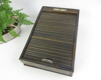 Vintage Japanischer Federmäppchen & Tintenfass aus Holz - Roll-Top-Design 　Mit "TOKU SEI" Label."