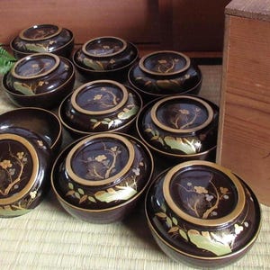 Ref2, Japanese Antique Lacquered Wooden Bowls with Lid, Dark Brown, Pine, Bamboo and Plum, set of 10