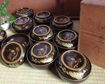 Ref2, Set of 10 Japanese Antique Lacquered Bowls with Lids – Deep Brown, Pine, Bamboo & Plum (Sho-Chiku-Bai)