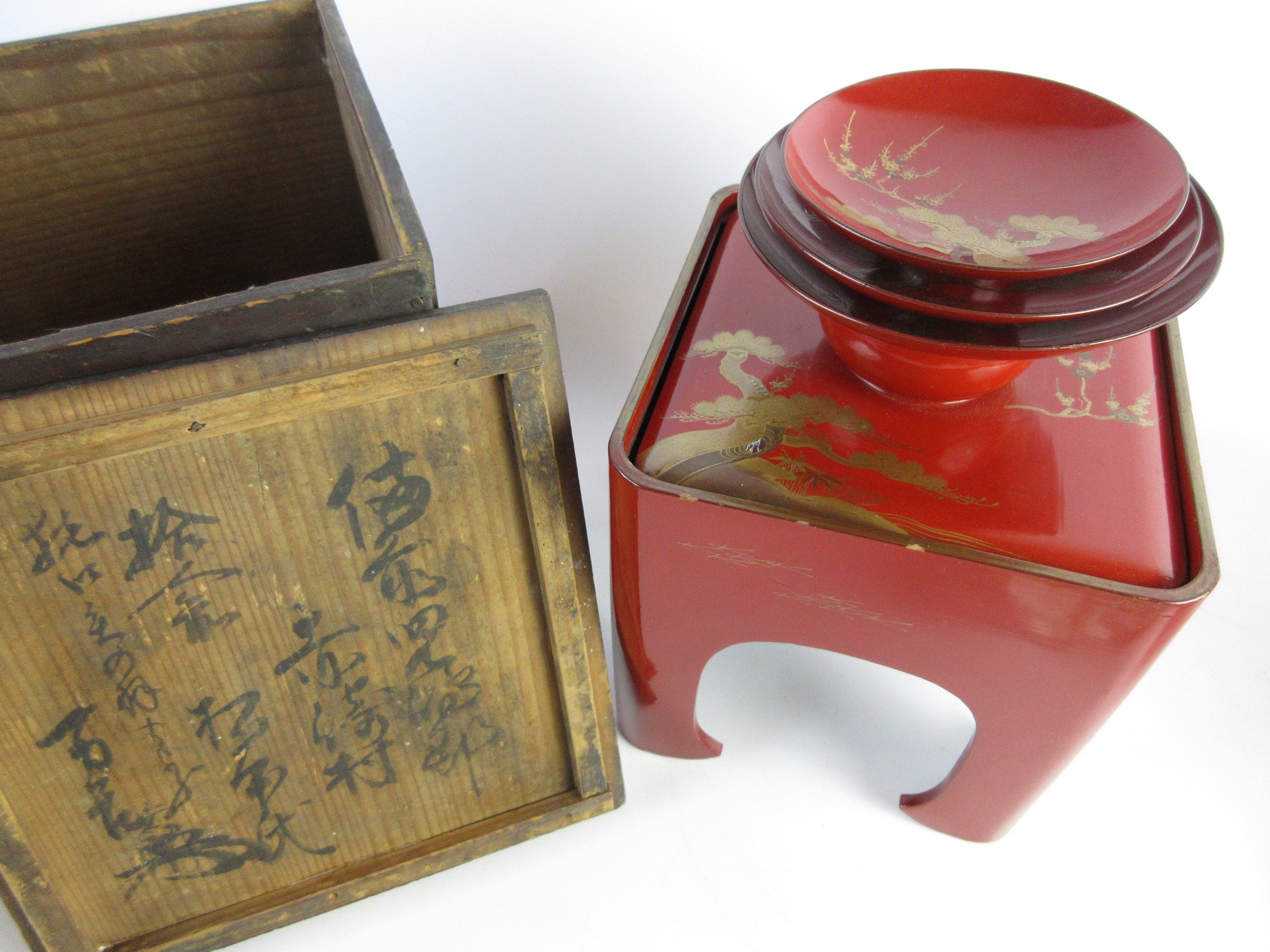 Japanese Antique Lacquered Wooden Sake Cup Set With Stand Etsy
