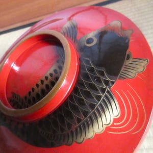 Japanese Antique Lacquered Wooden Large Bowl With Lid, Red Lacquer, Carp Koi
