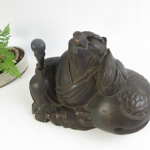 Japanese Vintage Wood Carving Tanuki(Japanese raccoon dog), Monk