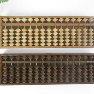 Set of 2, Japanese Vintage Abacus, Soroban "Yanagida Paper Shop", "Maruhachi, Kanebo rain coat, Luxury ready-made clothing wholesaler"