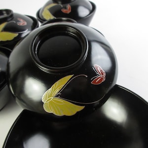 Set of 5, Japanese Antique Lacquered Wooden Bowls with lid, Butterflies