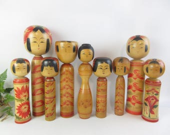 Set of 9 Vintage Japanese Kokeshi Dolls by Various Artists