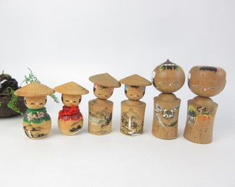 Japanese Vintage Kokeshi Dolls,  set of 6