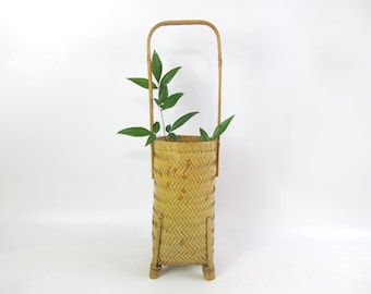 竹かご - ヴィンテージの日本製編み花瓶、手作りの生け花/茶室装飾