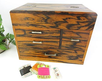 Antique Japanese Wooden Sewing Box with Drawers