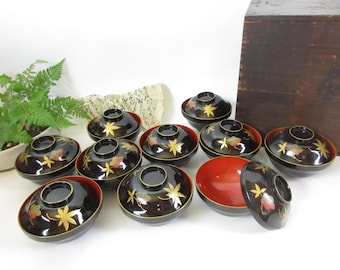 Set of 10 Antique lacquered bowls features maple and bellflower motifs