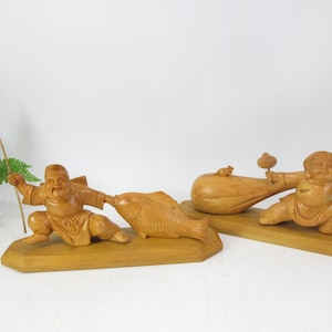 Japanese Wood Carving Shichifukujin Gods, Wooden Figures Seven Lucky Gods, Ebisuten and Daikokuten, set of 2