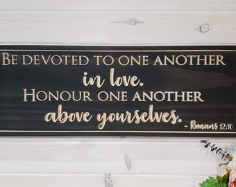 Be Devoted to One Another in Love Sign Christian Burlap or Cotton Art Print Romans 12:10 Wedding Anniversary Gift Bible Verse Sign Decor