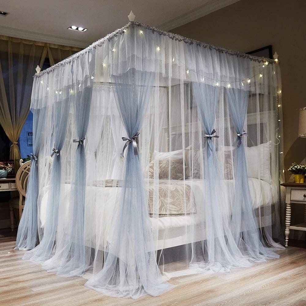 4 Corners Post Canopy Bed Curtains for Adults Grey & White Etsy