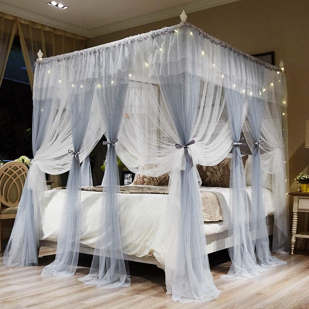 4 Corners Post Canopy Bed Curtains for Adults Grey & White Etsy