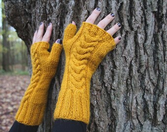 Mittens handmade knitted wool gloves rapeseed yellow / mustard color with cable