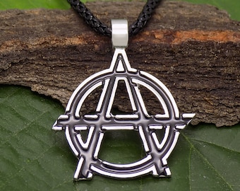 Anarchy Symbol & Black Enamel Necklace Anarchism Sign Punk Revolution Chaos Pendant with Chain