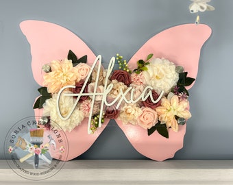 Butterfly Floral Nursery Name Sign - Nursery or Kids Room Name Sign - Stand-off Acrylic Name Sign with Flowers - Nursery - Baby Shower Gift