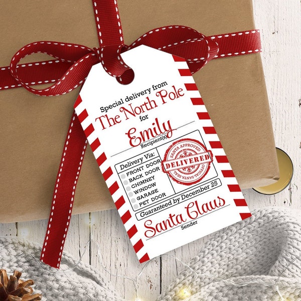 Christmas Gift Tag, North Pole Gift Tag, Santa Claus Gift Tag, Special Delivery Gift Tag, Red and White Gift Tag, Personalized Gift Tag #851