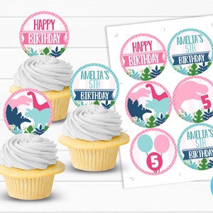 Girl Dinosaur Cupcake Toppers, Pink Dinosaur Cupcake Toppers, Dinosaur Cake Topper, Dinosaur Birthday Party Decorations, Pink Teal #1001