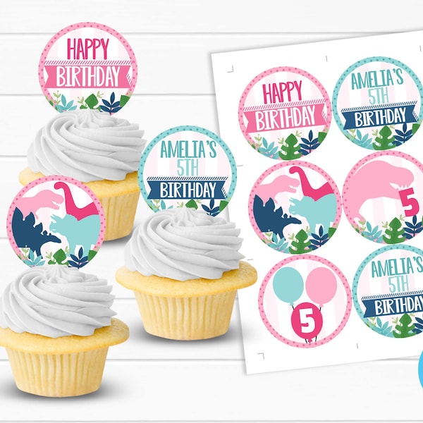 Girl Dinosaur Cupcake Toppers, Pink Dinosaur Cupcake Toppers, Dinosaur Cake Topper, Dinosaur Birthday Party Decorations, Pink Teal #1001