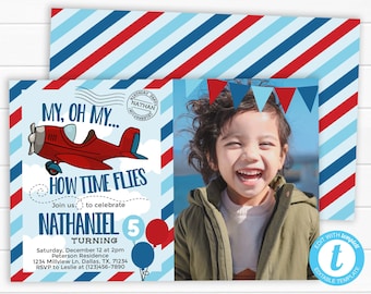 Vintage Airplane Birthday Invitation, Plane Birthday Invitation, Aviation Birthday Invitation, Red and Blue, How Time Flies Party #831