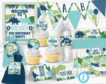 Dinosaur Birthday Decorations, Dinosaur Birthday Party Decorations, Water Bottle Label Wrapper, Banner, Table Tent, Cupcake Toppers #1001