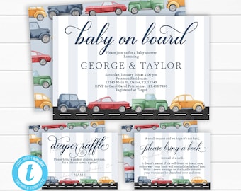 Vintage Car Baby Shower Invitation Set, Kit, Package, Bundle, Invite, Diaper Raffle Card, Book Request Insert, Books for Baby #1041