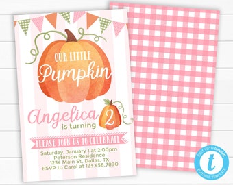 Pumpkin Birthday Invitation, Pumpkin Patch Birthday Invitation, Pumpkin Invite, Pink Girl Pumpkin Invitation, Pumpkin Birthday Party #1013