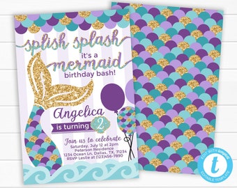 Mermaid Birthday Invitation, Mermaid Invitation, Mermaid Invite, Mermaid Party Invitation, Mermaid Tail Invitation, Purple Teal Gold #1034