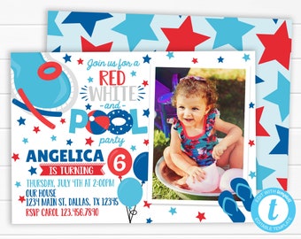 4th of July Birthday Invitation, 4th of July Invite, 4th of July Pool Party Invitation, Red White Blue, Memorial Day, Editable Template #992