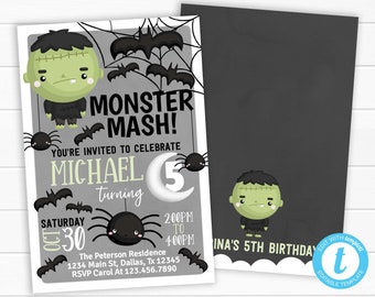 Frankenstein Birthday Party Invitation, Frankenstein Monster Mash Halloween Party Invitation, Frankenstein Invite, Spider Bat #1059