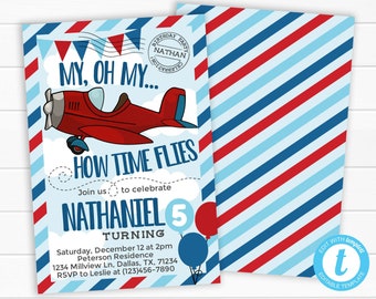Vintage Airplane Birthday Invitation, Plane Birthday Invitation, Aviation Birthday Invitation, Red and Blue, How Time Flies Party #831