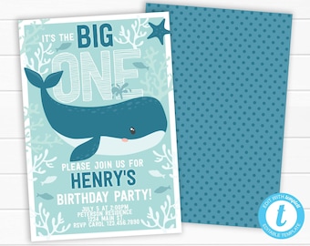 Whale Birthday Invitation, Whale Party Invitation, Whale Invite, Whale Invitation, Summer Party Theme, Boy 1st Birthday Invitation #1048