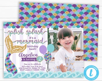 Mermaid Birthday Invitation, Mermaid Invitation, Mermaid Invite, Mermaid Party Invitation, Mermaid Theme Invitation, Purple Teal Gold #1034