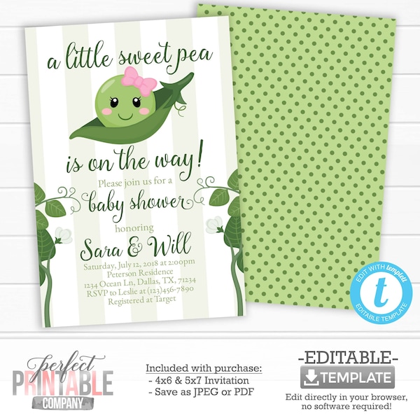 Sweet Pea Baby Shower Invitation, Sweet Pea Invite, Girl Sweet Pea Invitation, Two Peas in a Pod, Twin Baby Shower, Editable Template #752