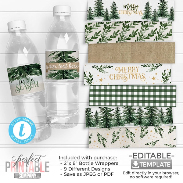 Rustic Christmas Tree Water Bottle Labels, Christmas Water Bottle Wrappers, Christmas Holiday Party Decorations, Buffalo Flannel #1057