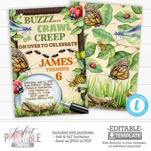 Könnte beinhalten: Eine druckbare Einladung zu einer 6. Geburtstagsfeier mit Insekten-Thema. Die Einladung zeigt eine Lupe, einen Schmetterling, einen Marienkäfer, eine Heuschrecke und Ameisen. Der Text auf der Einladung lautet "Buzz... Crawl or Creep On Over to Celebrate James Turning 6".