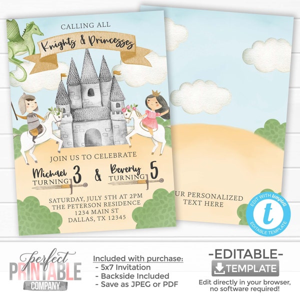 Knight and Princess Birthday Party Invitation, Prince Princess Invite, Sibling Twin Dual Brother Sister Invitation, Editable Template #1088