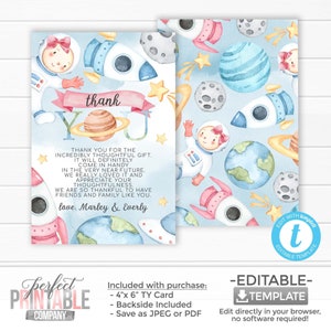 Carte de remerciement de l’espace extra-atmosphérique Pink Girl, note de remerciement du système solaire, carte de remerciement des planètes, baby shower, fête d’anniversaire, #1090 modifiable
