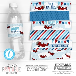 Airplane Water Bottle Labels, Plane Water Bottle Wrappers, Airplane Baby Shower Decorations, Airplane DIY Decorations #831