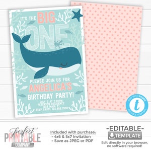 Whale Birthday Invitation, Whale Party Invitation, Whale Invite, Pink Girl Whale Invitation, Summer Girl 1st ONE Birthday Invitation #1048