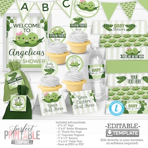Two Peas in a Pod Baby Shower Decorations, Sweet Pea Theme, Water Bottle Wrapper, Banner, Table Tent, Cupcake Toppers, Welcome Sign #752