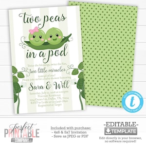 Two Peas in a Pod Baby Shower Invitation, Pea Pod Invitation, Twin Boy Girl Baby Shower Invitation, Sweet Pea, Pea Pod Invite #752
