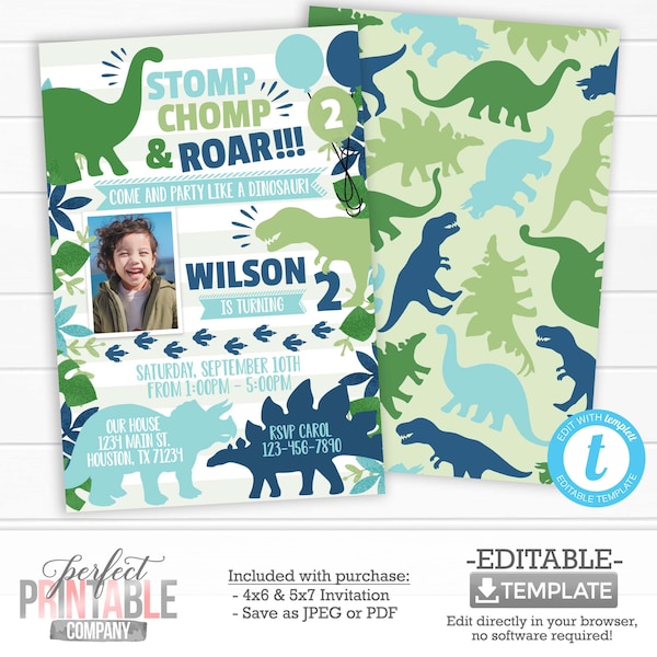 Dinosaur Birthday Invitation, Dinosaur Invite, Dinosaur Birthday Party Theme, Boy Dino, Green Navy Blue Teal Mint, Editable Template #1001