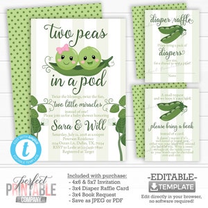 Ensemble d'invitation de douche de bébé de deux pois dans un pod, kit, paquet, paquet, invitation, carte de tombola de couche-culotte, insertion de demande de livre, jumeau garçon et fille #752