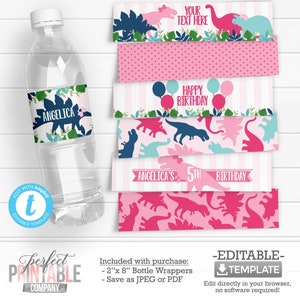 Girl Dinosaur Water Bottle Labels, Pink Dinosaur Water Bottle Wrappers, Dinosaur Birthday Party Decorations, Pink Teal Navy Blue #1001