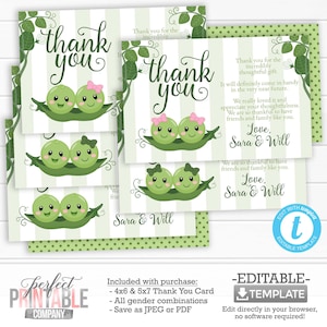 Two Peas in a Pod Thank You Card, Pea Pod Thank You Note, Two Peas in a Pod Baby Shower, Editable Template #752