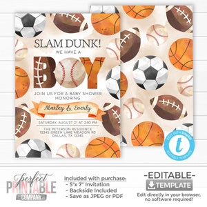 Sports Baby Shower Invitation, Sports Baby Shower Invite, Athletic Balls Invitation, Soccer Basketball Baseball Football Invitation #1091